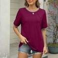 thumbnail image 4 of Sevevn Women's Fashion Casual Spring And Summer New Loose Thread Stitching Round Neck Short-Sleeved T-Shirt Top Wine L Gift for Girls, 4 of 9