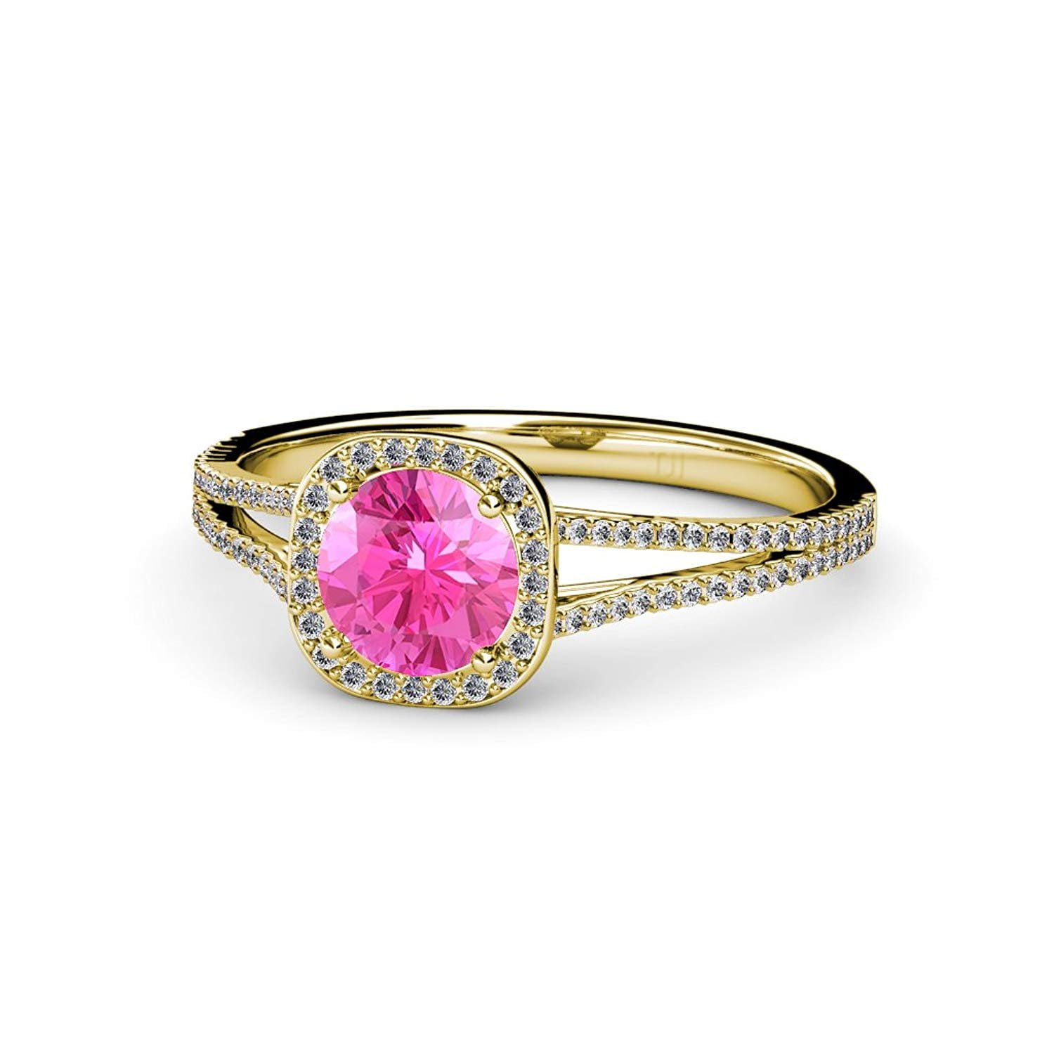 Pink Sapphire and Diamond (SI2-I1, G-H) Halo Engagement Ring 1.20 ct tw in 14K Yellow Gold.size 4.5 by TriJewels