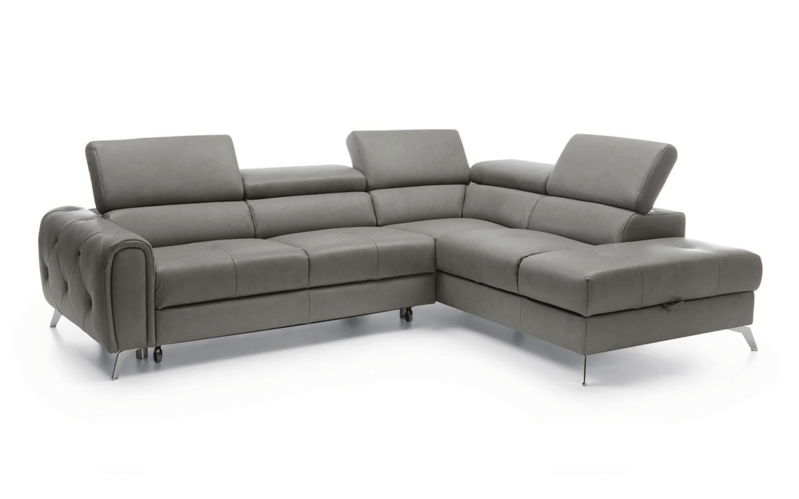 Grey Italian Genuine Leather Sectional Sofa Bed/Storage Modern Right