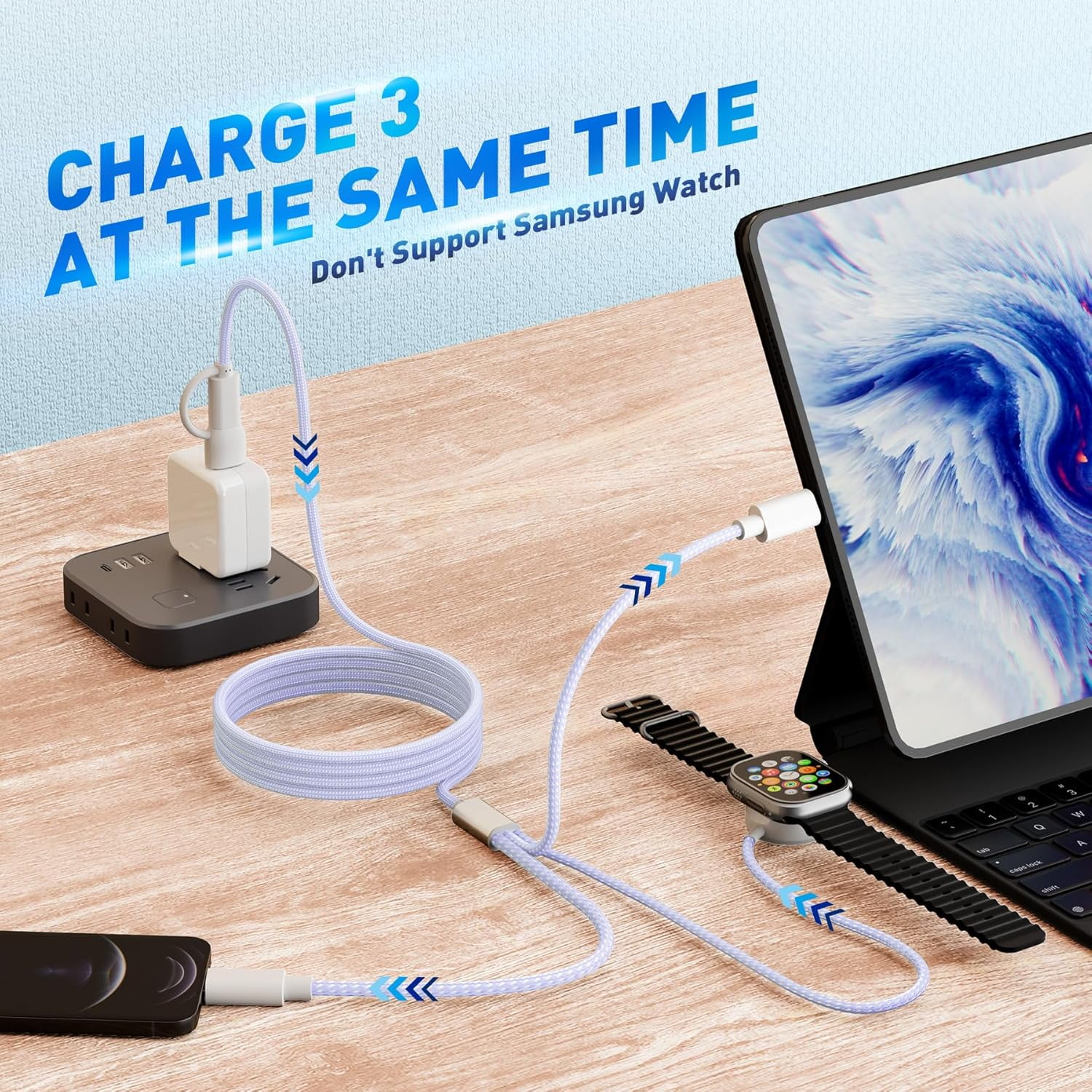 Charging USB C Watch Phone Charger 3 in 2 Cable, Compatible with Apple Watch Ultra SE Series 1-8, Universal Travel Multi Devices All in One Cord, 4FT/1.2M-Blue