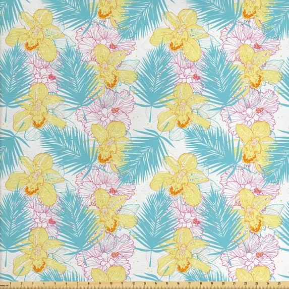 Floral Fabric by the Yard, Art of Orchids and Palm Leaves with Paint Blots, Decorative Upholstery Fabric for Chairs & Home Accents, Multicolor by Ambesonne