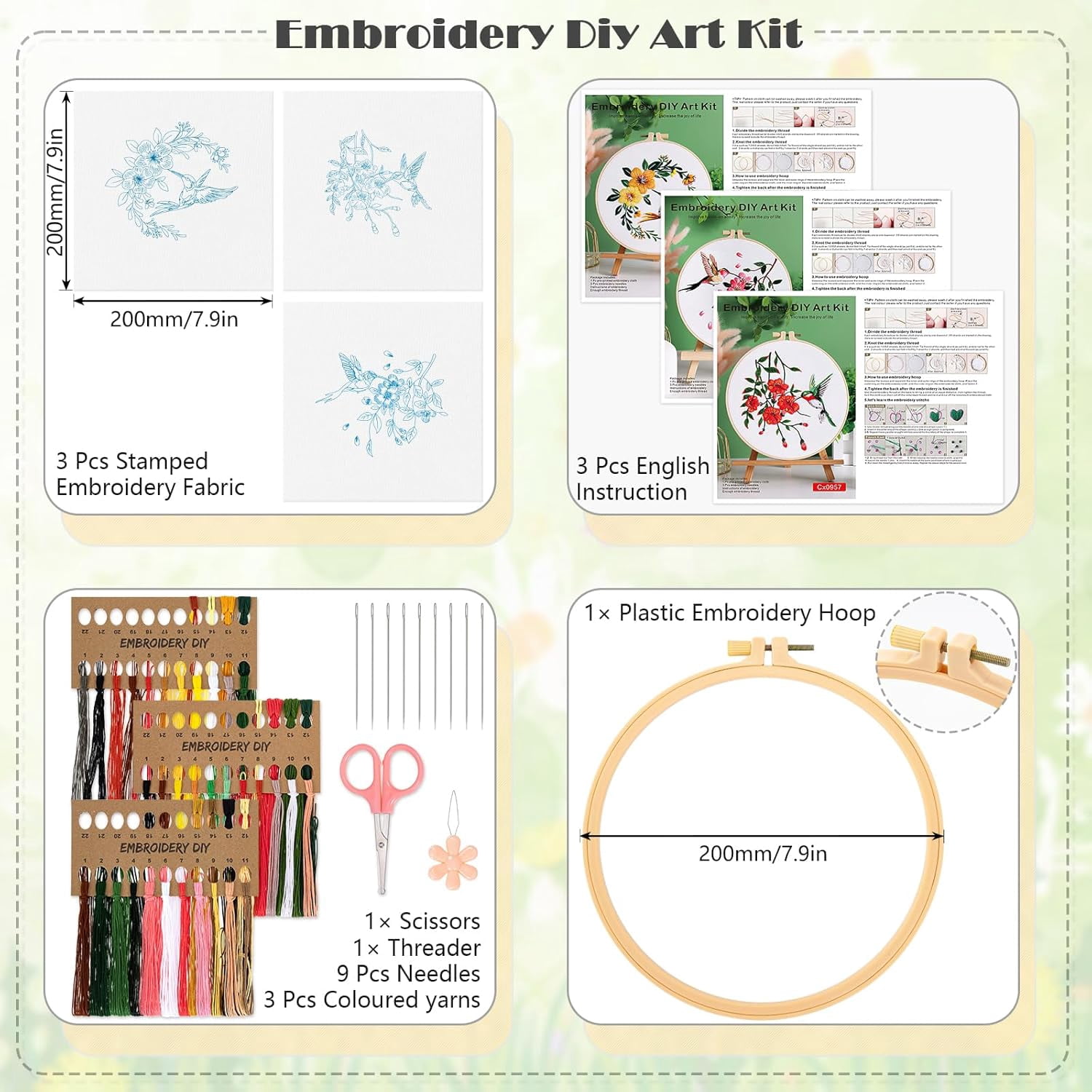 3 Pack Embroidery Kit for Beginners, Sewing Cross Stitch Starter Set with Flowers Birds Pattern Stamped Cloth Hoops Threads and Needles