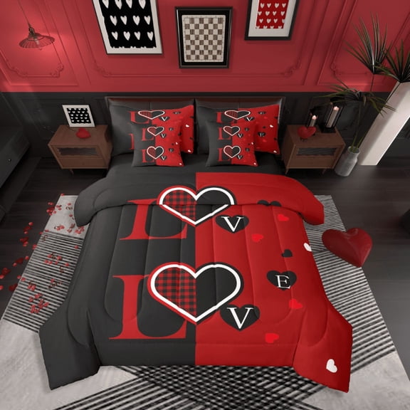 Castle Fairy Valentine's Day 7-Piece Twin Bedding Sets,Love Heart Print Bedding Comforter Set,Geometric Lattice Breathable Sheet Sets,Lightweight Couple Room Decor,Reversible
