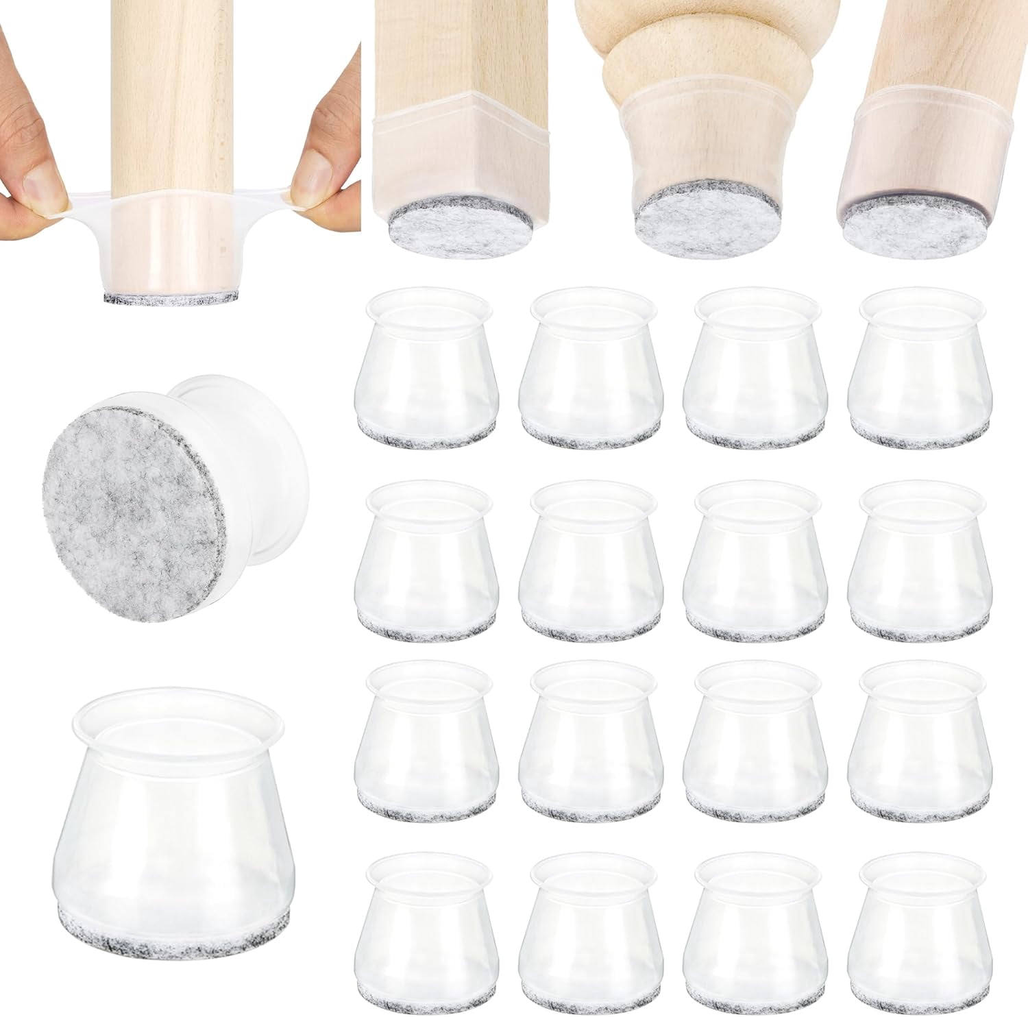 Silicone Chair Leg Floor Protectors, Felt Furniture Pads for Hardwood and Tile Floors, Rubber Chair Covers, Set of 16 Clear Pads