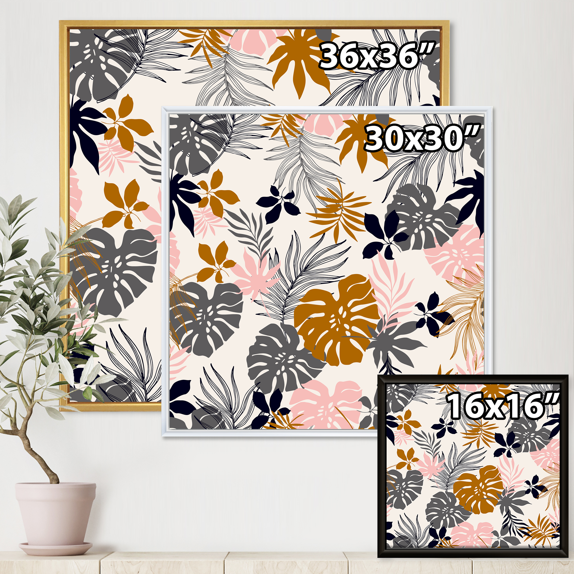 Designart 'Tropical Naturepalm Monstera Leaves In Silhouette On White' Traditional Framed Canvas Wall Art Print