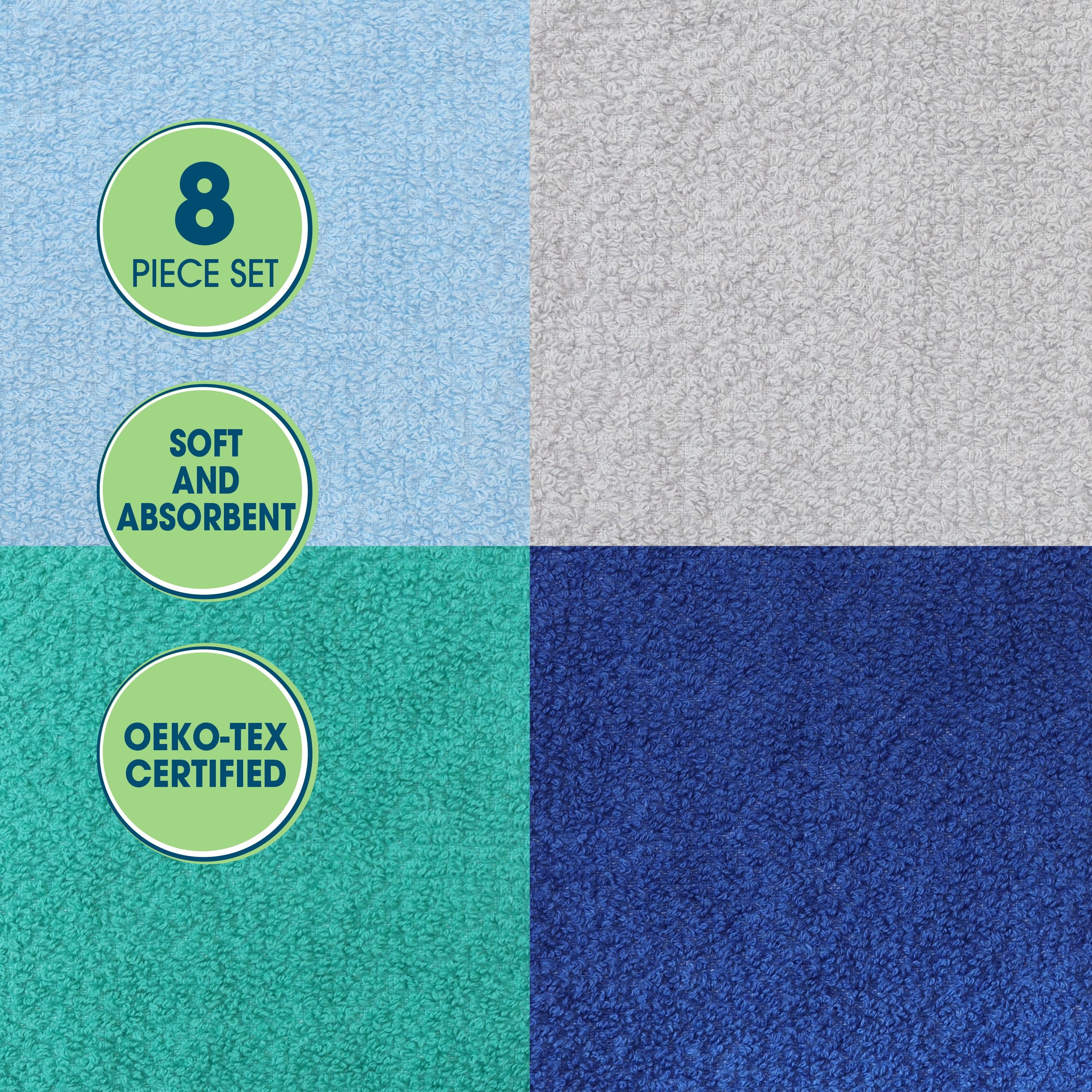 Your Zone Kids Washcloths, 8 Pack, 90% Cotton/10% Polyester, Blue, Teal and Gray