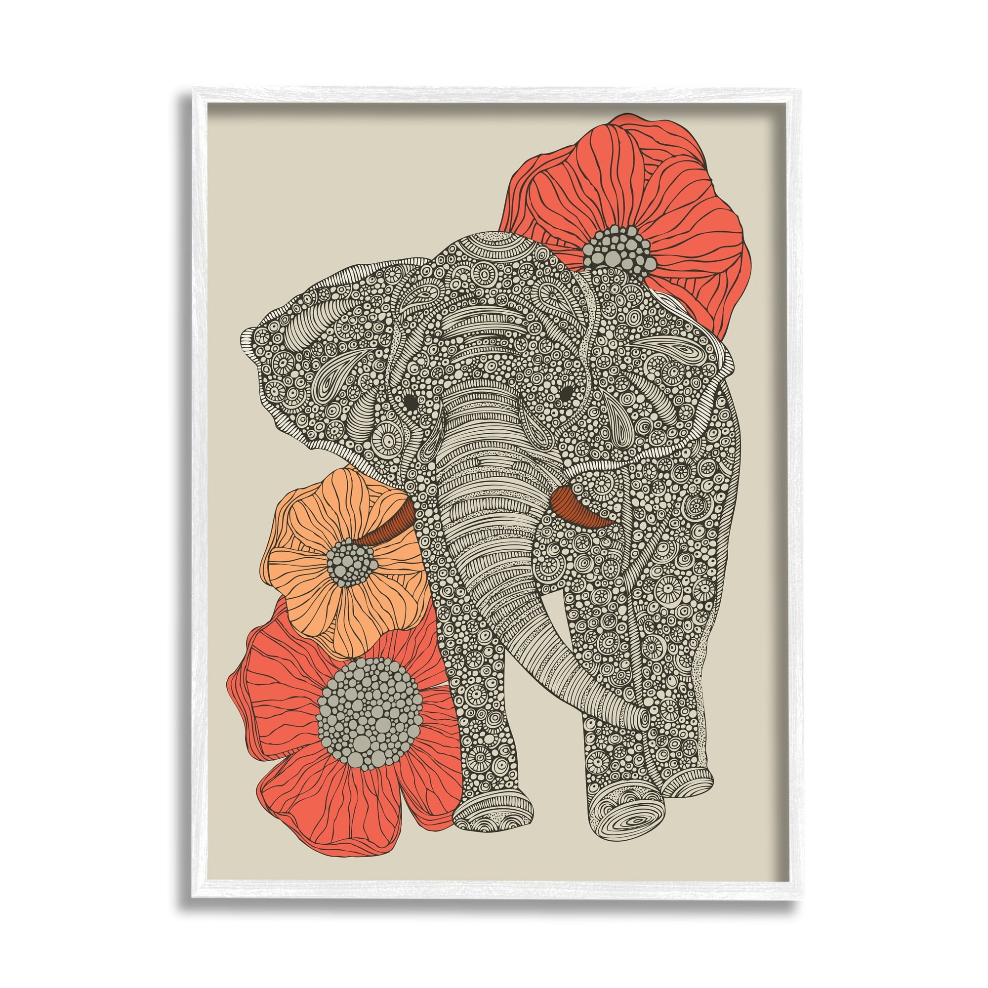 Stupell Industries Standing Elephant Bright Poppies Floral Paisley Fractals Graphic Art White Framed Art Print Wall Art, Design by Valentina Harper