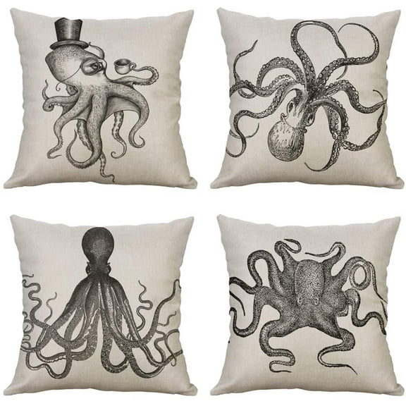 4 Pack Octopus Decor Throw Pillow Cover Standard 18" x 18" Ocean Theme Pillow Covers Cushion Cover Pillow Shell Bed Pillow Case