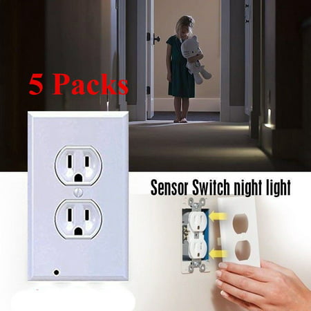 5Pack Duplex Night Light Sensor LED Plug Cover Wall Outlet Coverplate