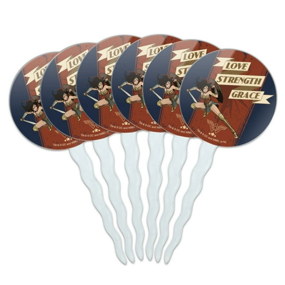 Wonder Woman Movie Love, Strength, Grace Cupcake Picks Toppers Decoration Set of 6