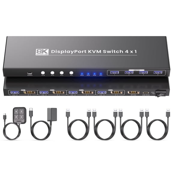 4 Port DP KVM Switch, 8K60Hz & 4K120Hz Displayport KVM Switch, USB 3.0 for 4 Computers 1 Monitor