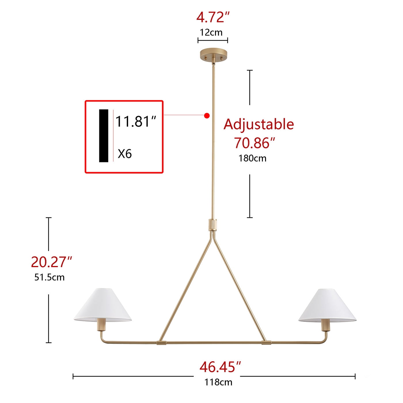 Aiwen Gold Pendant Light Modern Linear Chandelier 2-Light Kitchen Island Lighting Fixture with Fabric Shade