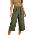 thumbnail image 2 of Yuanlook Women's Elastic Waist Button‑Decor Pocket Cropped Pants, Linen‑Blend Wide Leg Capri Pants for Daily Commute and City Strolling S‑XXXL, 2 of 7
