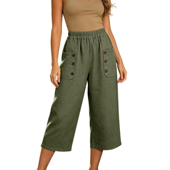 Wide Leg Capri Pants for Women Elastic Waisted Baggy Palazzo Lightweight Capris Casual Lounge Going Out Bottoms Army Green L