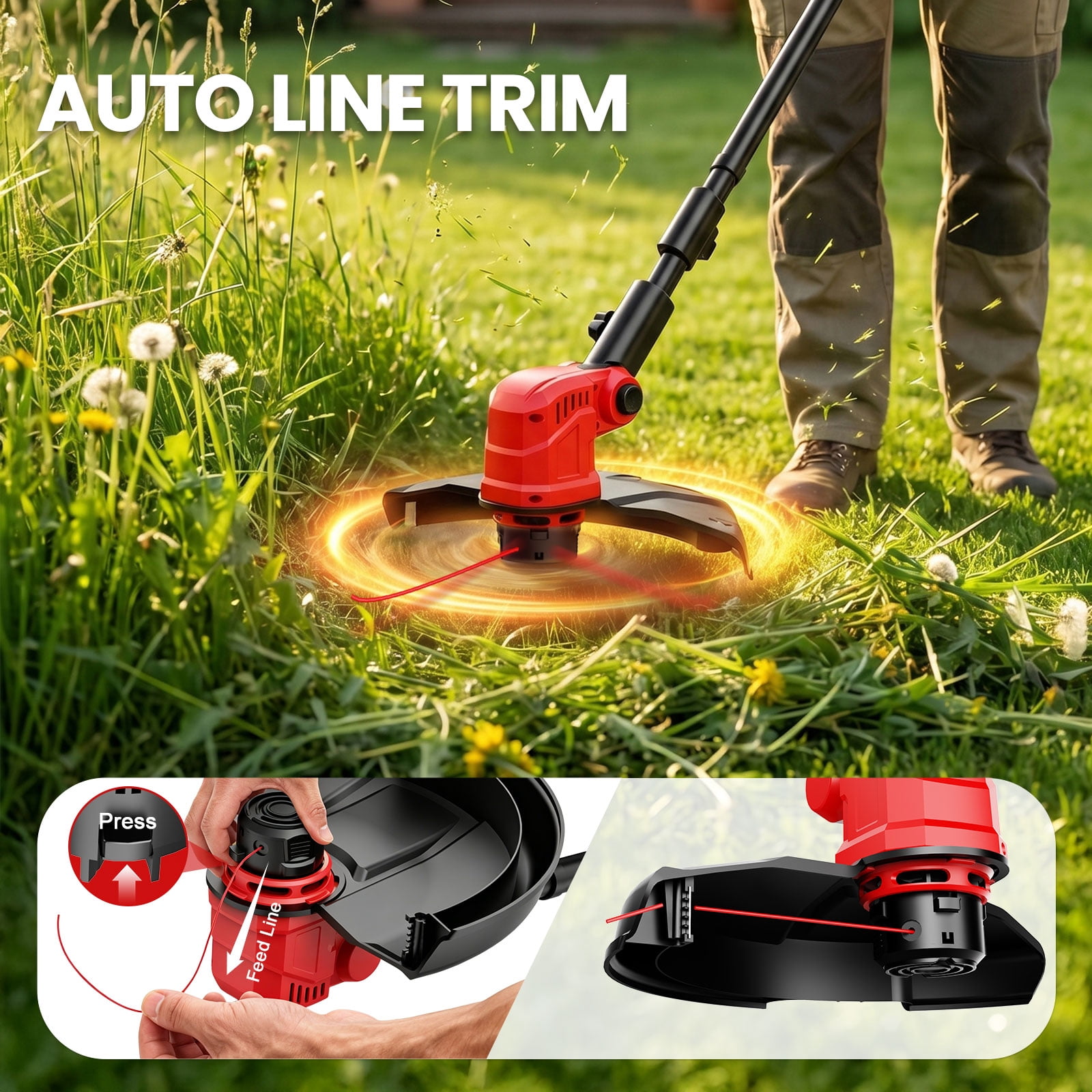Tanbaby 12-inch Cordless Weed Eater, Brushless Motor Grass Trimmer, Weed Wacker with Auto Line Feed, 2 x 3.0Ah Battery, Weed Trimmer for Lawn Yard Garden