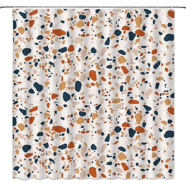 Rideau de Douche en Marbre Moderne Terrazzo Roche Abstrait Carreaux Granit Brun Bleu Pierre d'Agate Motif Géométrique Unique Rideaux en Polyester à la Mode et Mignons pour une Mise à Jour de Salle de Bain Stylée Comprend des Crochets