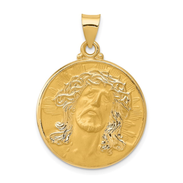 Pendentif Breloque Collier Rond Médaille Tête du Christ en Or Jaune 14k Religieux Jésus