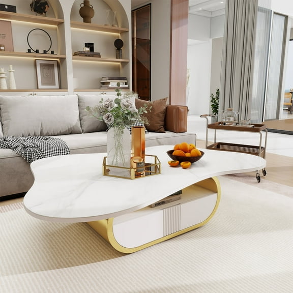 MDAQMD 41.7" Marble Coffee Table with Storage Drawer Open Shelf with Cloud Shaped Tabletop & Gold Stainless Steel Base Modern Coffee Table for Living Room Home Decor