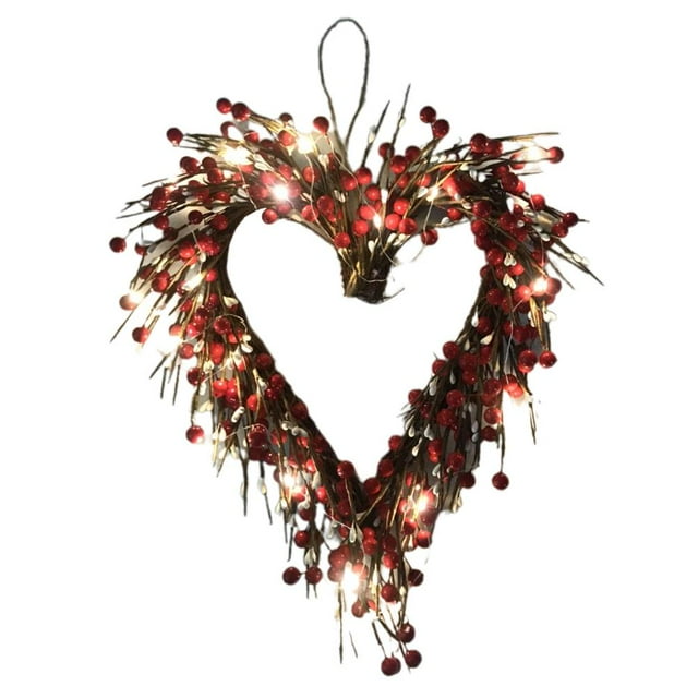 Couronne de Saint-Valentin Porte d'Entrée Couronne Baies Rouges en Forme de Cœur avec 20 LED à Piles Décoration de Fête Intérieure Extérieure Saint-Valentin