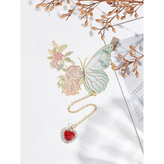 1Pc Butterfly Flower Bookmark with Heart Charm Alloy Rhinestone Bookmarks with Long Chain Pretty Book Marks for Women Book Lovers Teacher Appreciation Gifts Mother's Day Birthday Gift 17.2cm Alloy