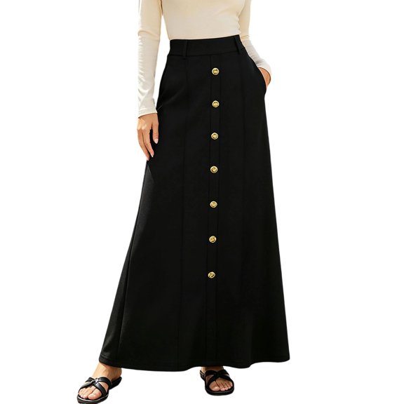 Arlun Trendy Maxi Skirts for Women Elegant High Waist H Line Long Straight Long Skirt Summer Casual Solid Color Slim Straight Floor Pencil Skirt with Pockets and Buttons Black XL