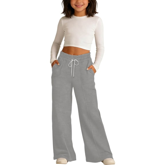 NEBWOAK Girls Gray Adjustable Drawstring Joggers, High Rise Wide Leg Cotton School Lounge Sweatpants,Size 8 T