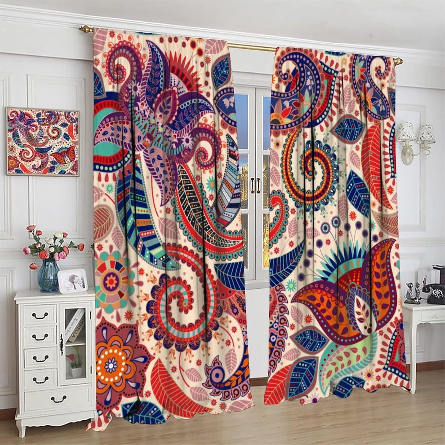 Boho Decorative Curtains Bedroom Living Room Rod Pocket Curtains, Vintage Boho Grill Floral Pattern 2 Panel Set, 42X84x2 in.