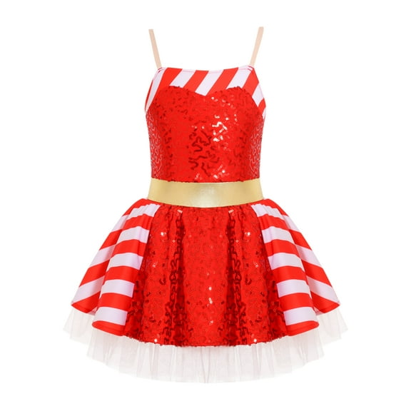 dPois Kids Christmas Dress for Girls Sequins Cami Tutu Dress with Adjustable Straps Dance Leotard Red 10