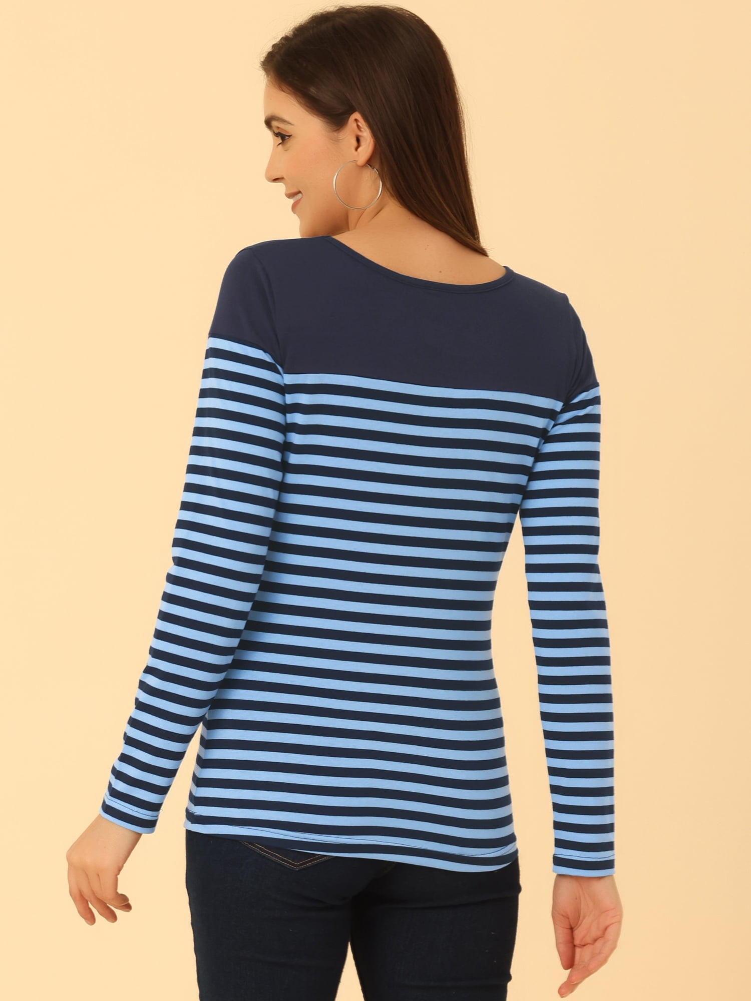 DARING DIVA Women's Color Block Striped Knit Top Long Sleeves T-Shirt L Navy Blue
