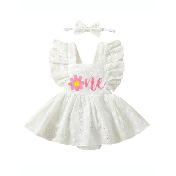 Newborn Baby Girl Romper Dress Summer Ruffle Sleeve Backless Eyelet Bodysuit with Headband Set
