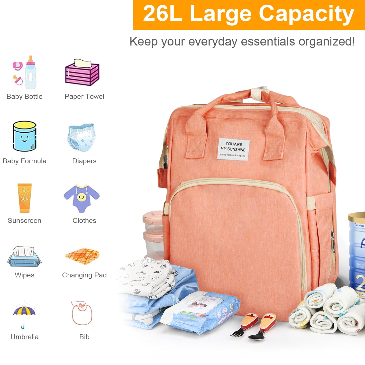 Diaper Bag Backpack,Multifunction Diaper Bag Backpack with Changing Station,Foldable Crib&Insulated Milk Bottle Pocket Large Capacity Baby Nappy Changing Bag Travel Backpack w/ Stroller Straps,Orange