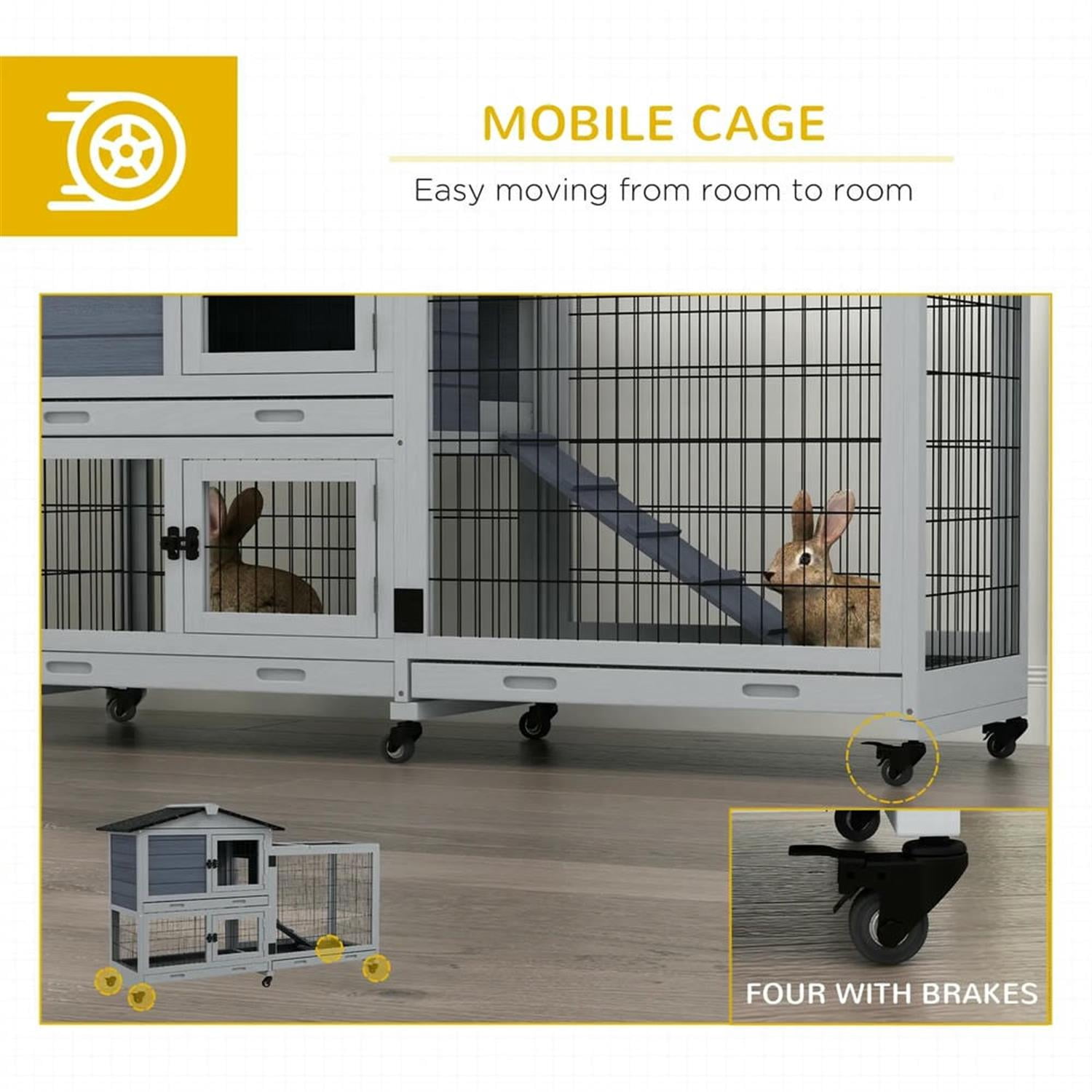 Kadyn 62" 2-tier Wooden Rabbit Hutch with Wheels and Slide-out Tray, Outdoor Small Animal Habitat Chicken Coop Bunny Cage for Bunnies, Guinea Pigs, Gray