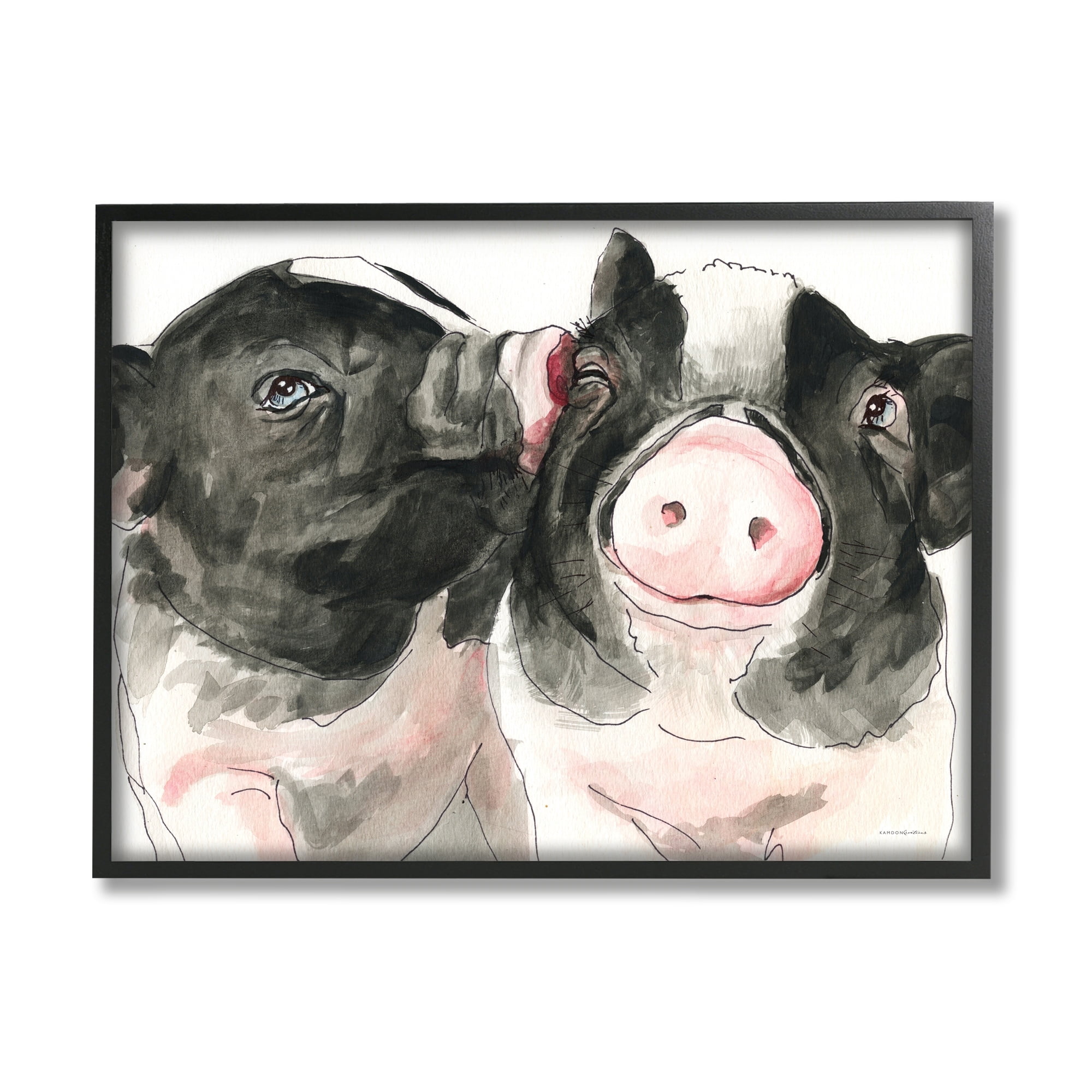 Stupell Industries Two Pigs Pink Snout Kiss Adorable Farm Animals Painting Black Framed Art Print Wall Art, Design by Kamdon Kreations