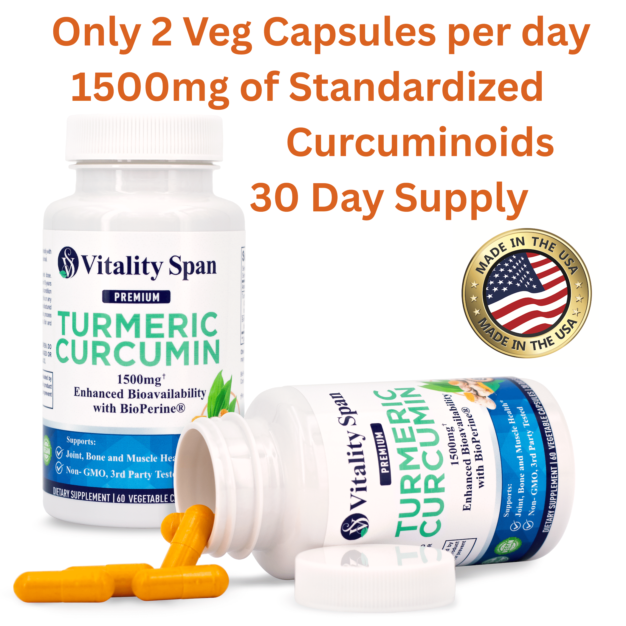 Turmeric Curcumin 1500 mg with BioPerine®, 95% Curcuminoids, High Absorption, Non-GMO, Made in USA