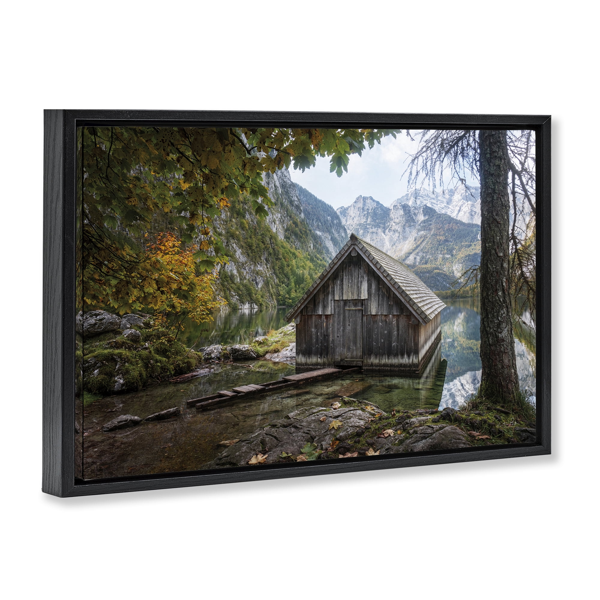Stupell Industries Mystical Cabin on Lake Landscape & Nature Photography Black Floater Framed Canvas Art Print Wall Art, 31 x 21