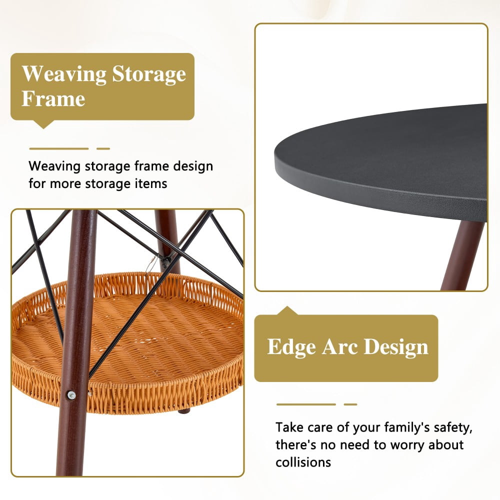 31.5" Round Dining Table, Black MDF Vacuum-Formed Tabletop with Walnut Solid Wood Legs, Woven Storage Basket, Modern Kitchen Table for 2-4