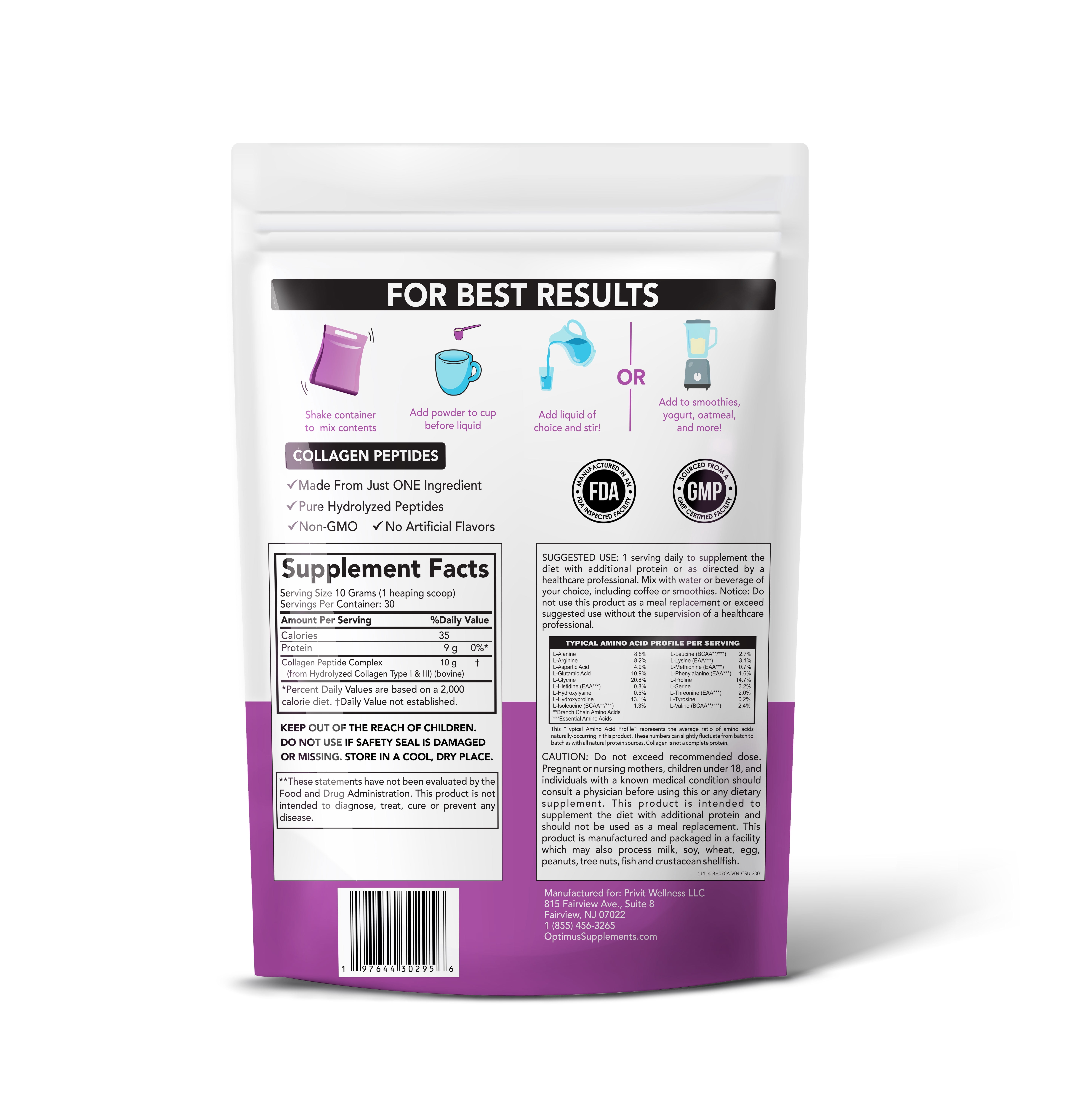 Optimus Weight Collagen Pure Hydrolyzed Peptides Supplement Powder - For Hair, Skin, Nails and Joint Support - Type I & III - For Women & Men (Unflavored, 30 Servings)
