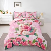 Homewish Initial L Letter Full Size Comforter Sets, Pink Watercolor Rose Floral Bedding Comforter Set, Glitter Stars Print Reversible Bedding Sets, Luxury Bedroom Decor, 3 Pieces