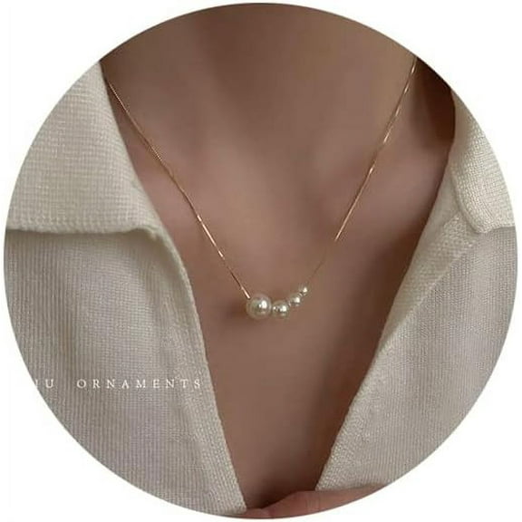 Dainty Pearl Pendant Necklaces for Women 14k Gold Plated Barque Pearl Chain Necklace Delicate Handmade Cultured Pearl Necklace Everyday Jewelry for Gifts (PearlFour)