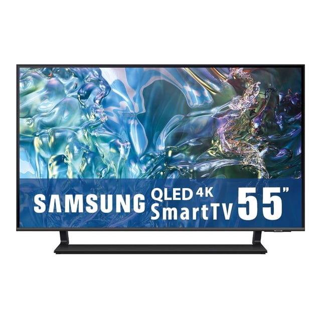 tv samsung 55 pulgadas 4k qled smart qn55q65dafxzx televisor 55" QLED 4K frente completo con marco negro delgado y base rectangular, pantalla con gráfico colorido y texto Samsung; resalta Quantum HDR y diseño AirSlim, adecuado para sala o montaje en pared.