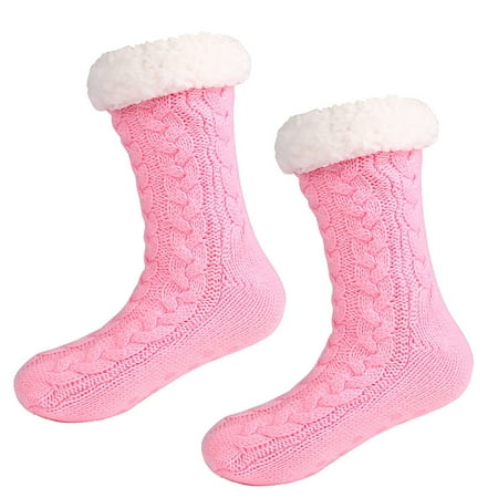 

XINKAIRUN Socks Women s Autumn and Winter Solid Color Velvet Thickening Home Silicone Bottom Non-slip Knitted Tube Slippers Socks Pink