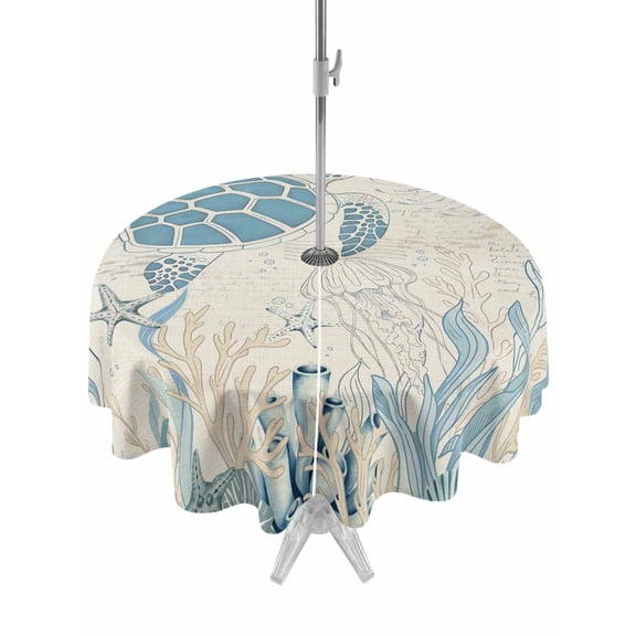 Outdoor Tablecloths with Umbrella Hole & Zipper, Blue Turtle Coastal Round Tablecloth 54 Inch, Coral Summer Beach Nautical Ocean Beige Waterproof Table Cloth, Patio/Pool/Picnic Table Covers
