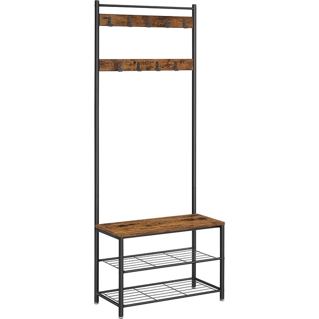 Perchero Zapatero, Perchero con Banco para Recibidor, 3 en 1, para Entrada, Pasillo, 32.5 x 70 x 175 cm, Marrón Rústico MHSR041KD02