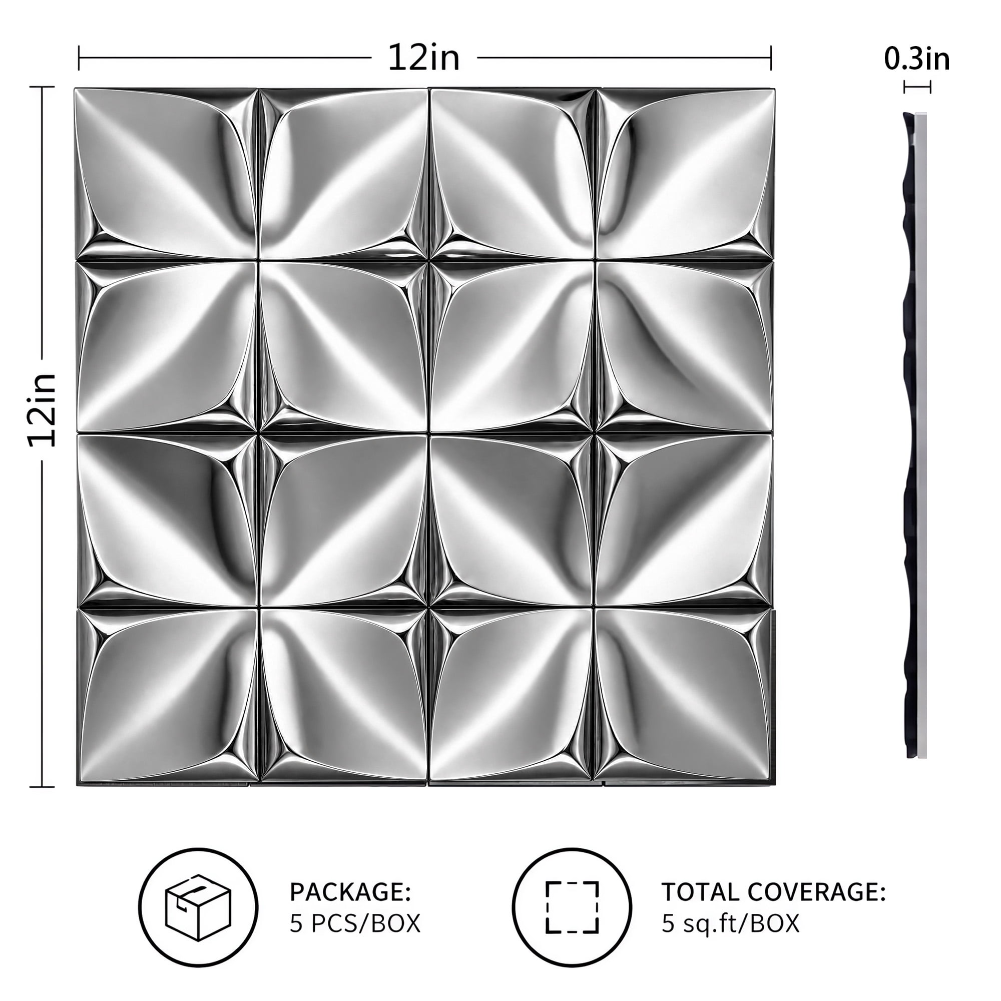 BEAUTYPEAK 5PCS 12"x 12" 3D Wall Panels Metal Wall Decor Panels for Home, Silver