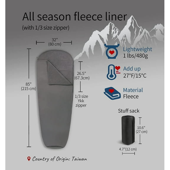 Litume All Season Sleeping Bag Liner Adds Up to 27F, Lightweight Mummy Sleeping Sack for Backpacking, Camping, Traveling with Drawstring Hood and Stuff Sack