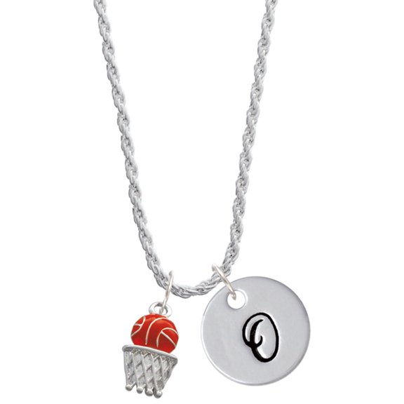 Delight Jewelry Silvertone Basketball - Over Hoop Silvertone Script Initial Disc - O - Charm Necklace, 20" 3"