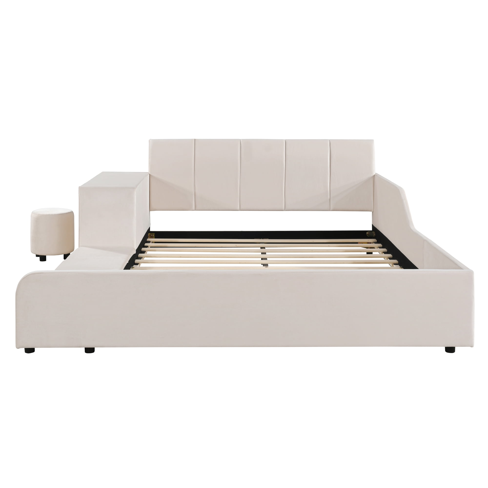 Aukfa Full Size Mother & Child Bed Frame, Velvet Upholstered Platform Bed with Bedside Desk & Stool, Grounded Design, Beige