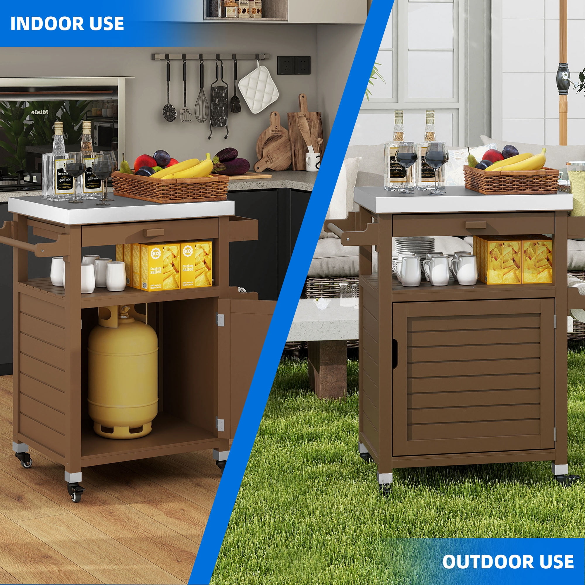 Uforic Wood Kitchen Storage Cart with Stainless Steel Top, Grill Cart for Outdoor & Indoor, Brown
