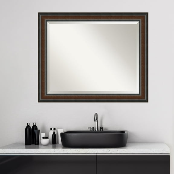 Amanti Art Beveled Wood Bathroom Wall Mirror - Cyprus Walnut Frame - Outer Size: 33 x 27 in