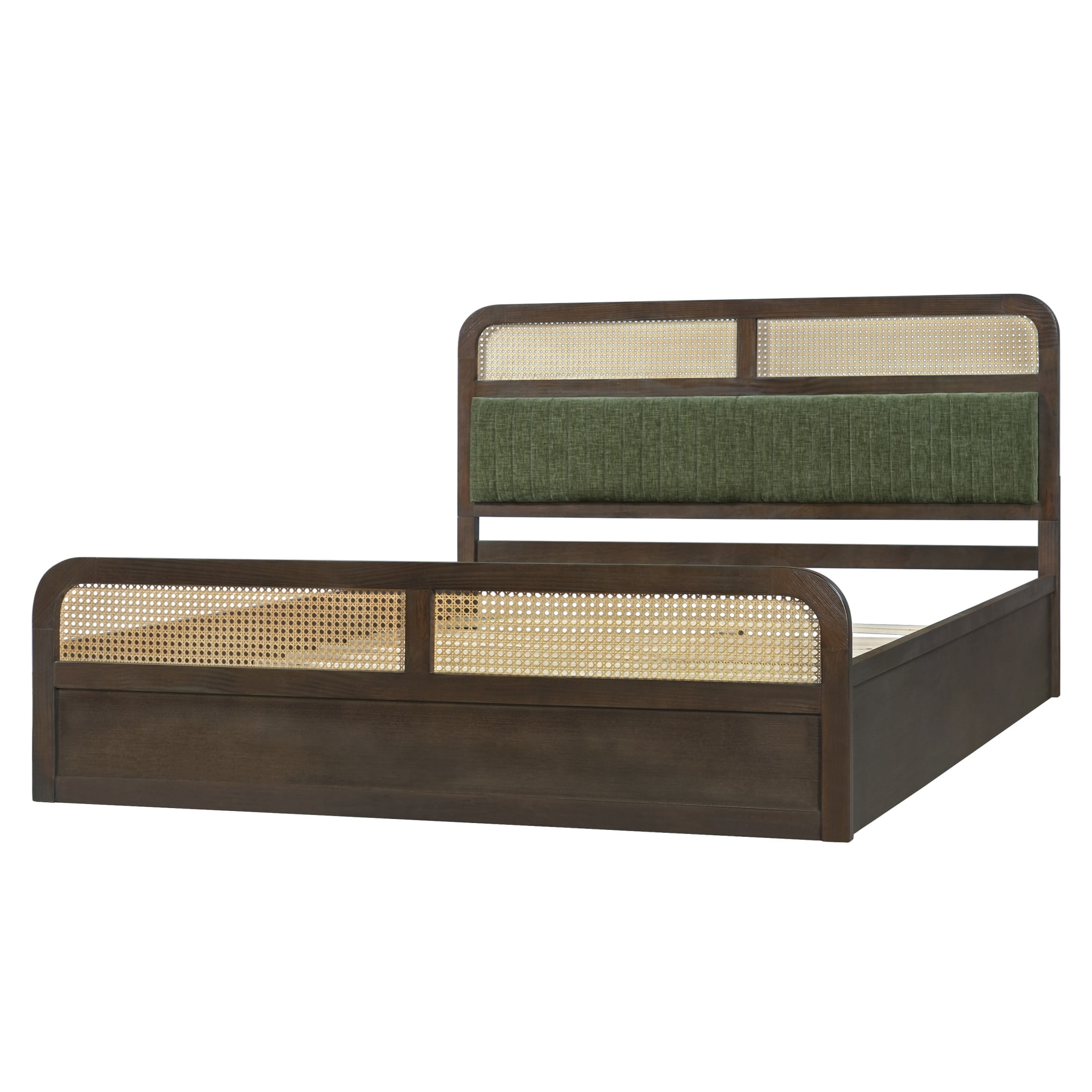 Christopher Knight Home Queen Wood Platform Bed with Rattan & Green Upholstered Headboard, Walnut Finish